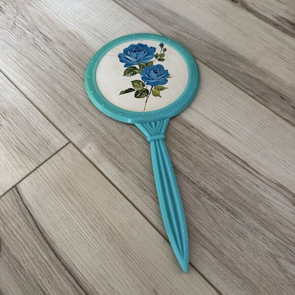 Vintage 1960s Bakelite Handheld 11" Blue Mirror w/blue Roses floral Design - Picture 1 of 4